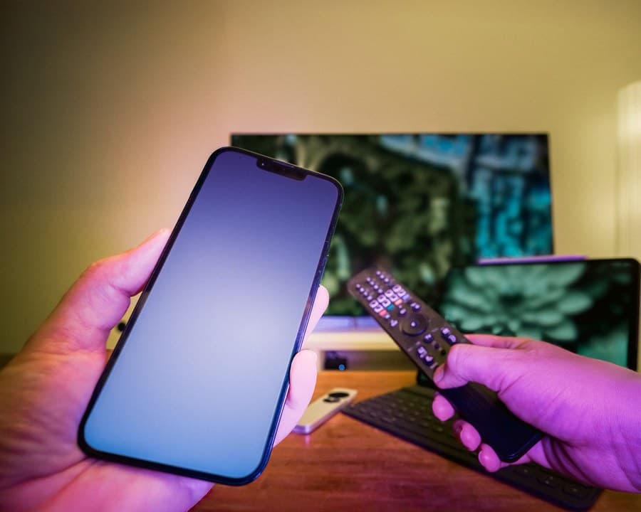 Hand hält ein Smartphone und eine Fernbedienung vor einem Fernseher zur Geräteeinrichtung